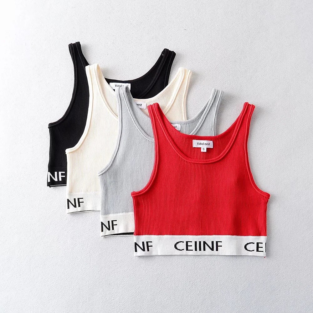 European and American New Summer Women's Clothing Pure Desire Hottie Color Matching Elastic Slimming Look Slim Curled Letter Knitted Camisole