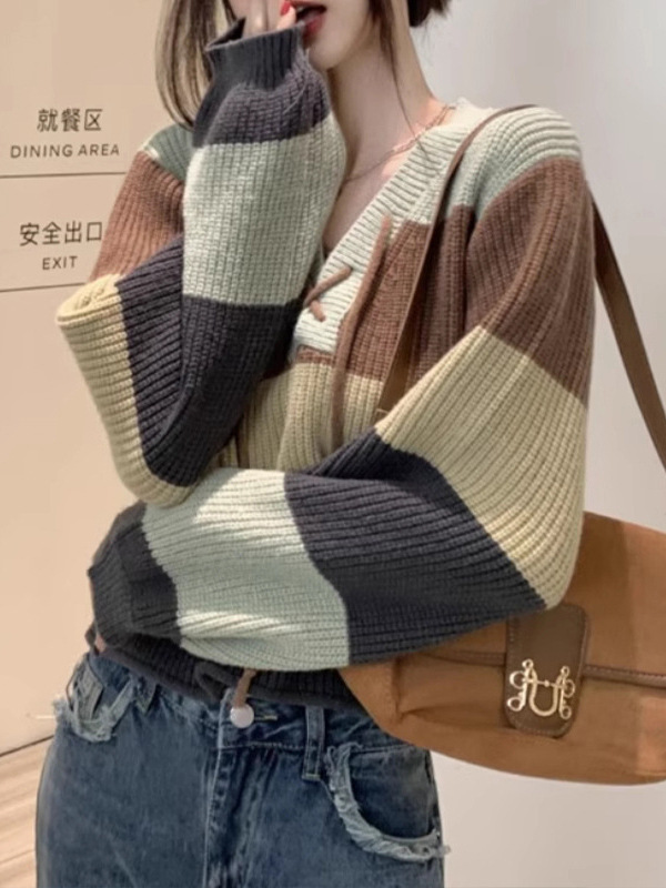 Spring and Autumn New Striped Contrast Color Lace-up V-neck Long Sleeve Knitted Sweater Women's Elegant Slim Look Age-reducing Loose Short Sweater