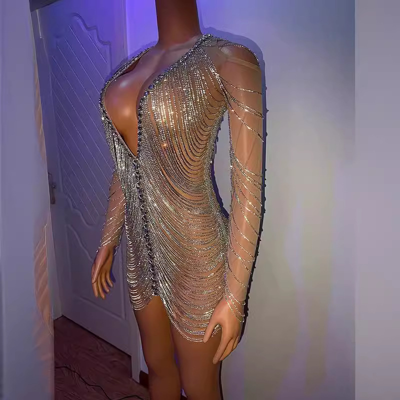 Picture of Female Singer Host Silver Elastic Rhinestone Diamond Chain Tassel Slimming Look Hip Short Skirt Dress Performance Stage Clothing