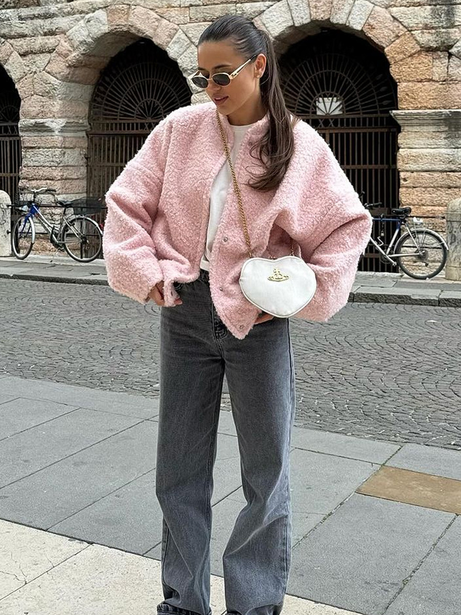 Picture of Cross-border Pink Jacket European and American 2025 Winter New Elegant Casual Collar Shoulder Sleeve Short Mao Mao Jacket