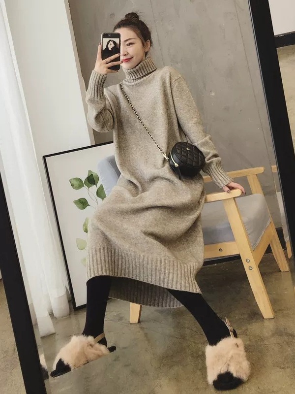 2024 autumn and winter Loose Women's sweater skirt mid-length over-the-knee inner wear western style thickened knitted dress