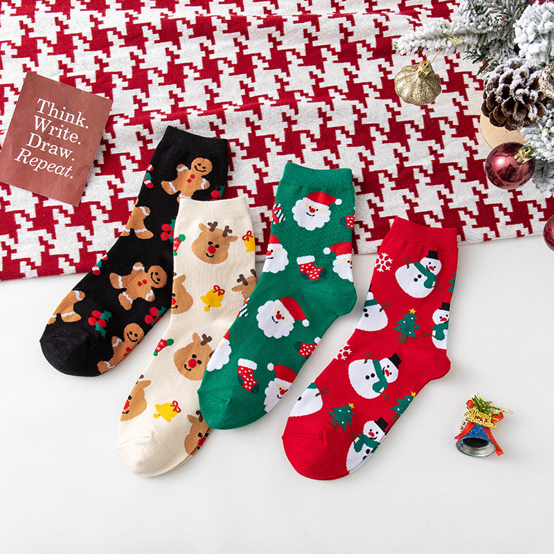 Cross-border Amazon European and American Christmas socks women's cartoon cute mid-calf length socks red Christmas holiday socks wholesale