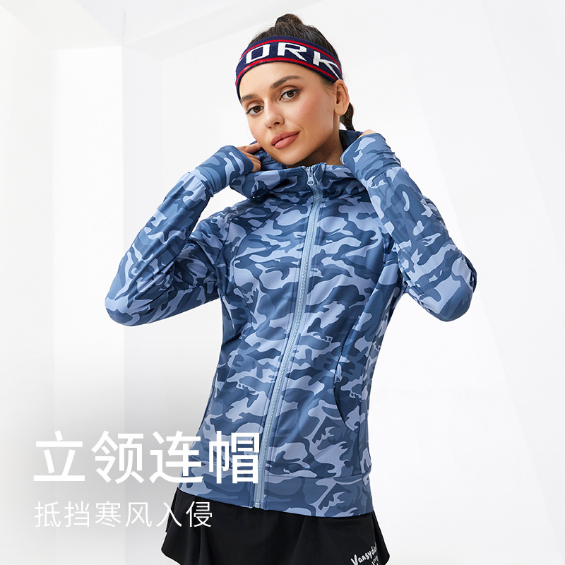 Women's Running Training Fitness Clothing Windproof with Finger Sleeves Slimming Hooded Zipper Sports Elastic Thin Jacket C023