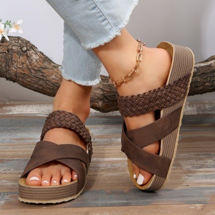 Cross-Border Large Size Casual Sandals for Women 2023 European and American New Flats-Soled Thick-Soled Cross-Woven Pure Color Sandals