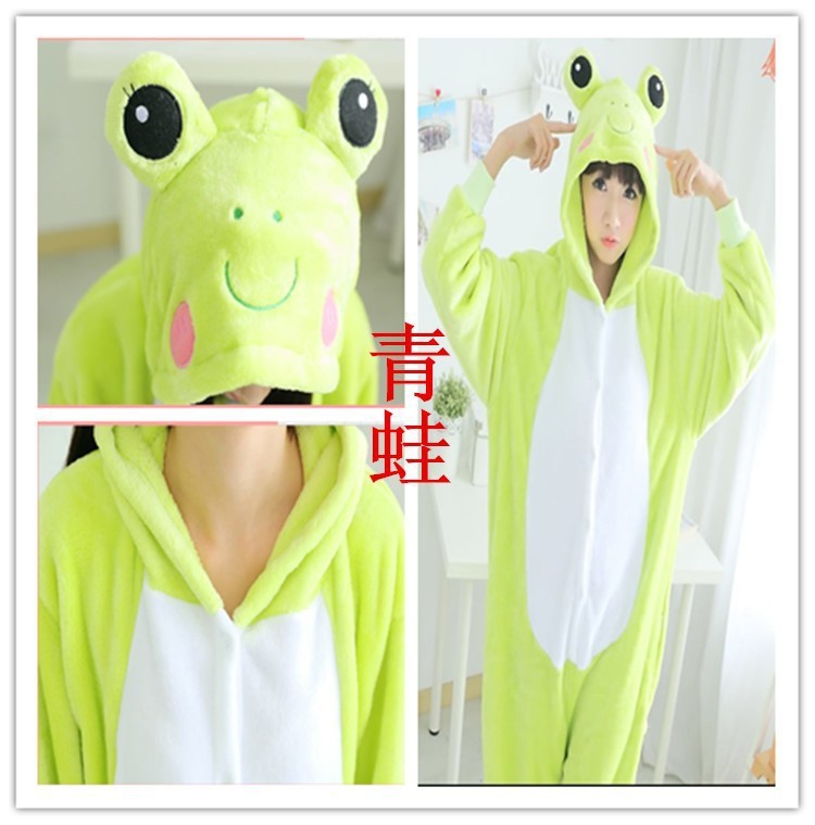 Thickened Flannel for Men and Women Couple Autumn and Winter Long-sleeved Animal Green Leather Frog Cartoon One-piece Pajamas Home Clothes