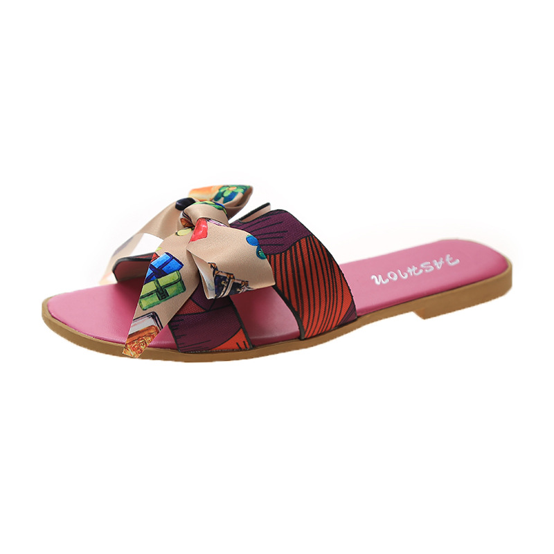 Picture of Colorful Ribbon Bow Flat Heel Flat Slippers Women's 2025 Summer New Style Easiest for Match Floral Flop