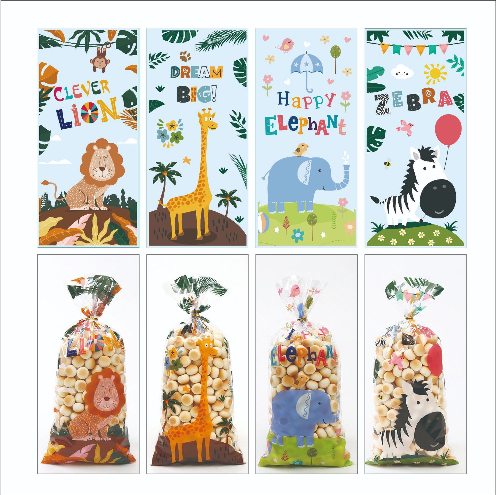 Original four-in-one cartoon animal candy packaging bag pattern OPP transparent flat pocket cotton candy packaging 50