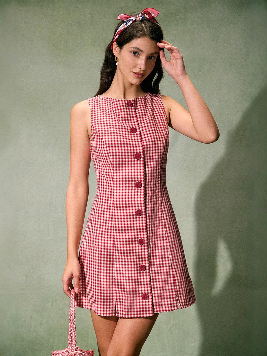 European and American Cross-border Women's Clothing 2025 Amazon Summer New French Retro Plaid Sleeveless Crewneck Women's dress