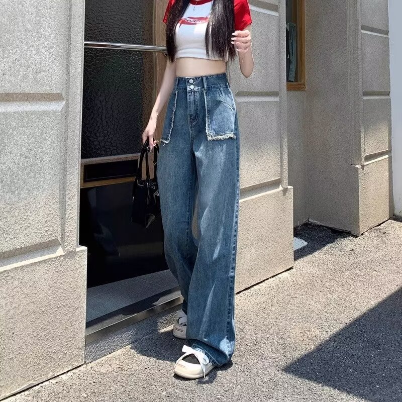 New Style Flush Pocket Rough Wide Leg Jeans Women's Summer 2024 High Waist Slim Look High Loose Straight Leg Pants