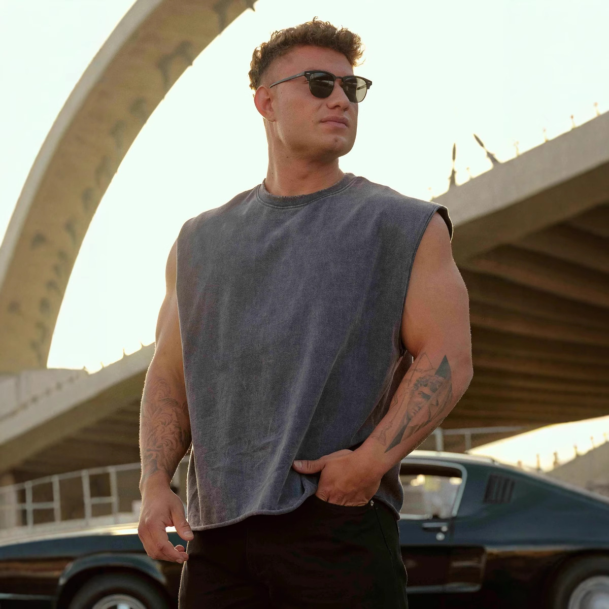 Picture of Summer American Style Trendy Brand YOUNG Letter Vest Men's Wide Shoulder plus size Fashion Sports Fitness Running Casual T-Shirt