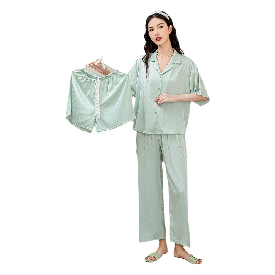 Women's Summer Ice Silk Polka Dot Jacquard Short-Sleeved Long Pants Thin Cardigan Loungewear Set Wholesale Breathable and Comfortable