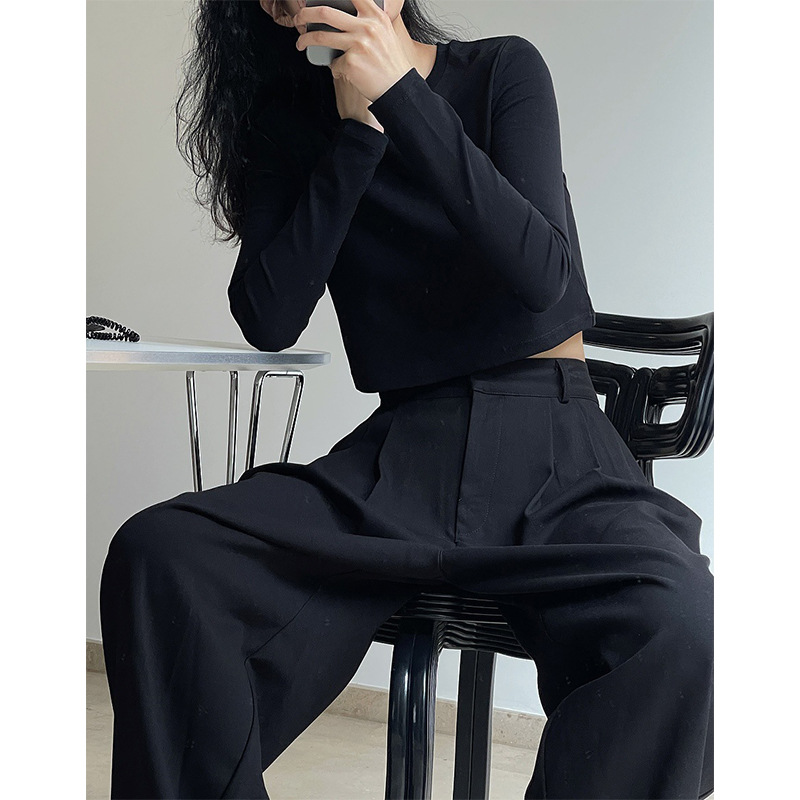 Early Autumn New Korean style ins style simple solid color long-sleeved T-shirt casual short cropped cropped cropped bottoming top for women