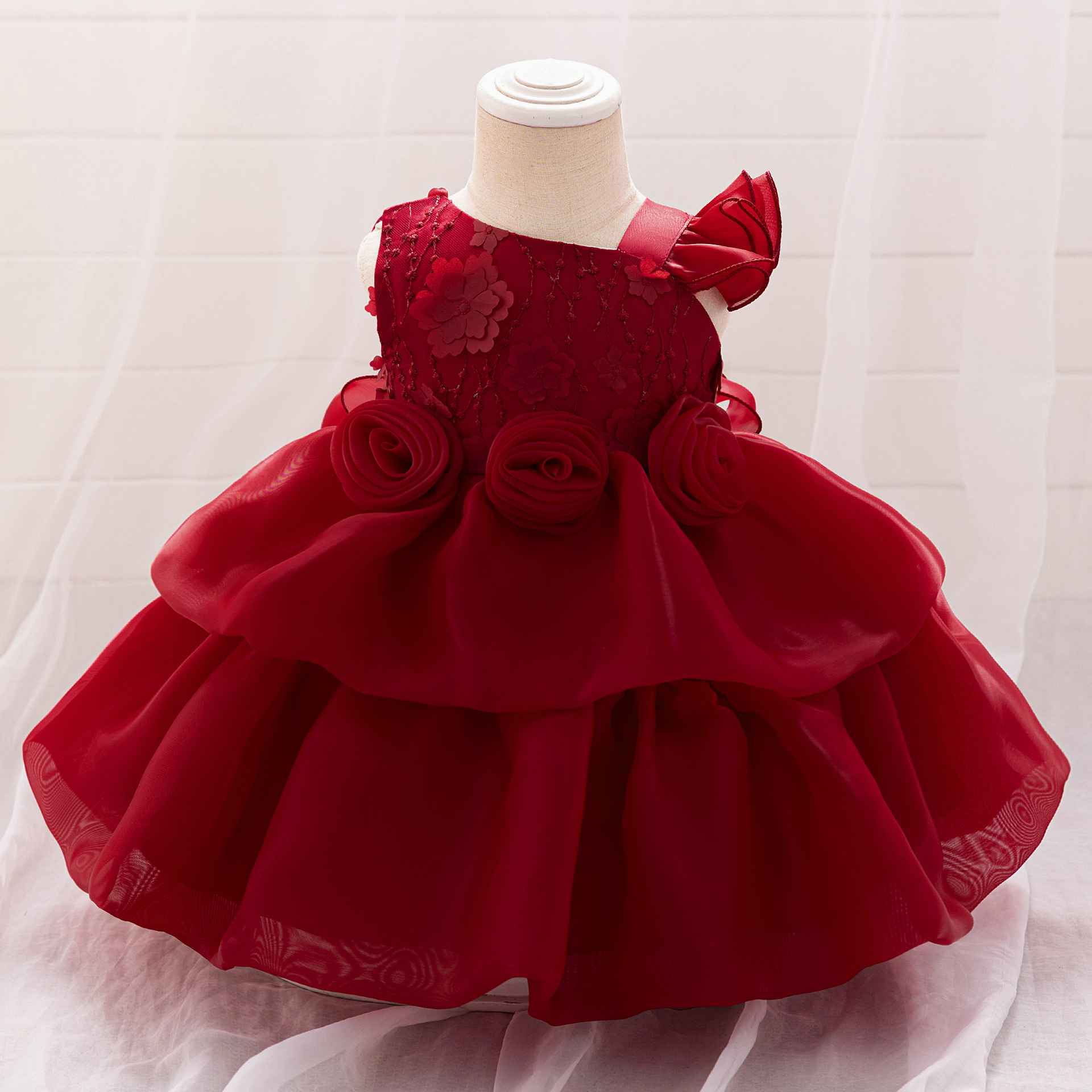 European and American New Children's Evening Dress Flower Girl's Wedding Pruffled Dress Girl's One-year-old Princess Dress Dinner Performance Dress