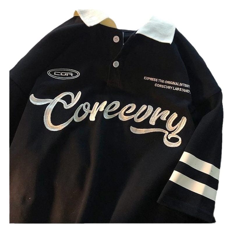 American Retro Printed Polo Collar T-Shirt Harajuku Style Half-Sleeved 2023 New Couple Wear Short-Sleeved Tops for Men and Women