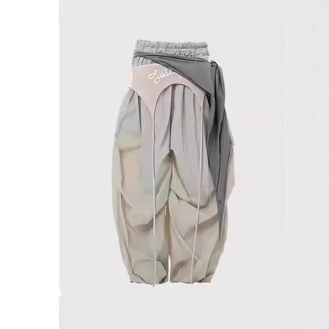 American Street Style Gray Waistband Wide-Leg Scimitar Pants for Women 2025 Spring Gray Design Sports Casual Pants
