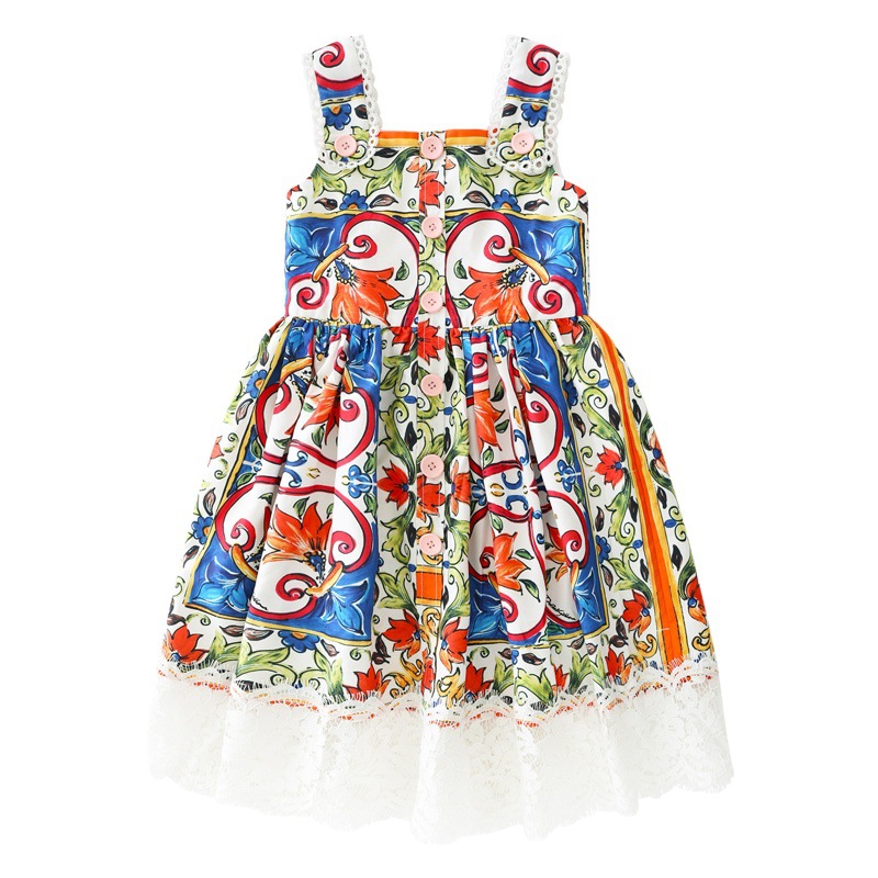 Cross-Border Popular D's 2025 New Kidsren's Skirt Summer Suspender Skirt Dress Colorfulful Ceramic Print Slim Skirt