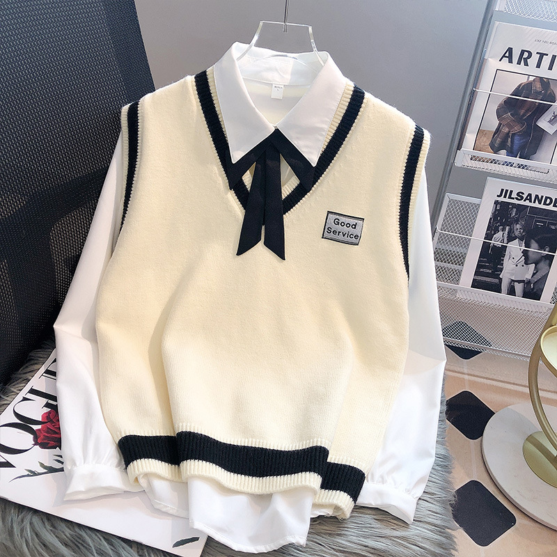 Knitted vest women's autumn and winter sweater waistcoat matching shirt two-piece set Winter 2023 new college style