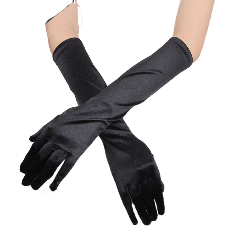 Black Stretch Satin Multicolor Glove Bag Finger Dinner Gloves Bridal Wedding Dress Wedding Party Long Gloves