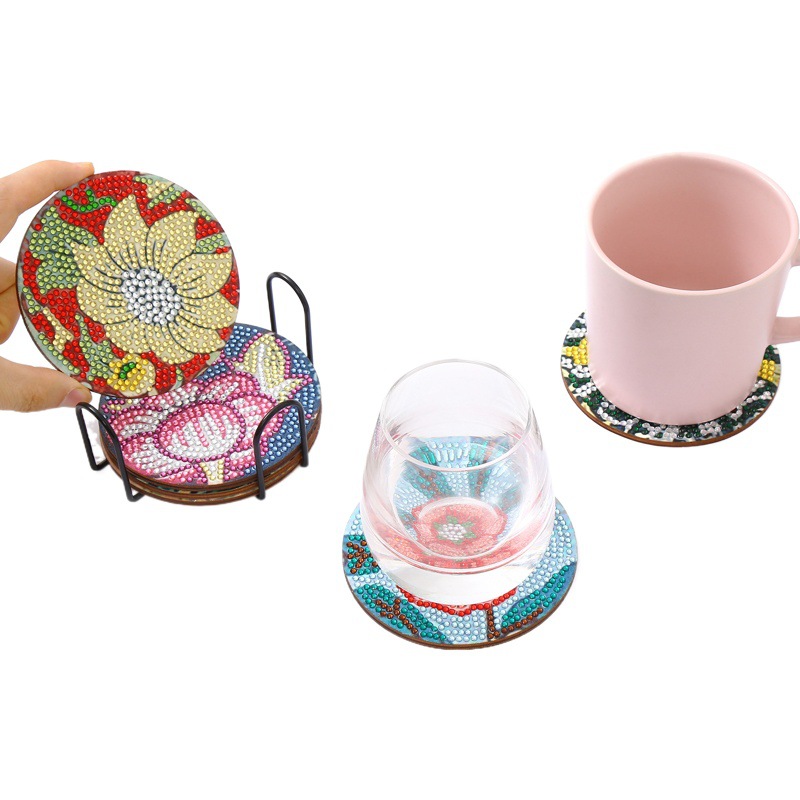 Picture of Hot Selling on Independent Station 5D Handmade DIY Wooden Dot Drill Heat-Insulating Anti-Slip Diamond Painting Variety Lotus Coaster with Stand