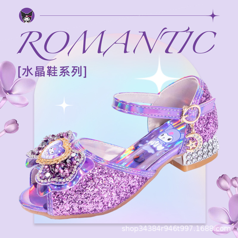 Girls' Princess Shoes Purple Kuromi Princess Shoes Girls' High Heels Spring and Autumn Children's Soft Soled Shoes Bow Shoes