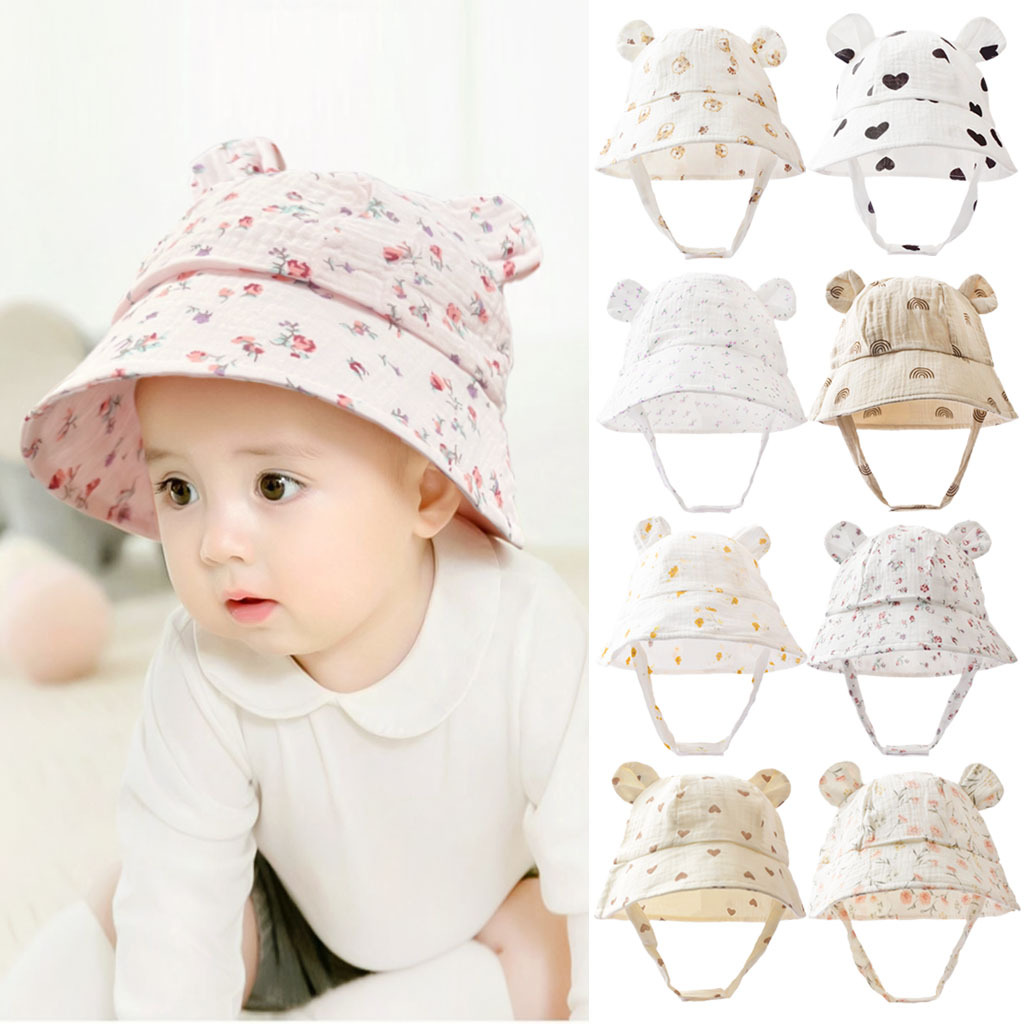 Ins Summer Baby Printed Gauze Basin Cap European and American Children's New Rabbit Ears Sun Hat Baby Fisherman Hat