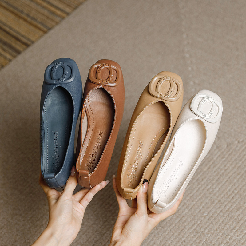 2024 New Fashion Western Style All-match Leather Thick Heel Square Head Shallow Mouth Elegant Simple Breathable Soft Bottom Women's Single Shoes