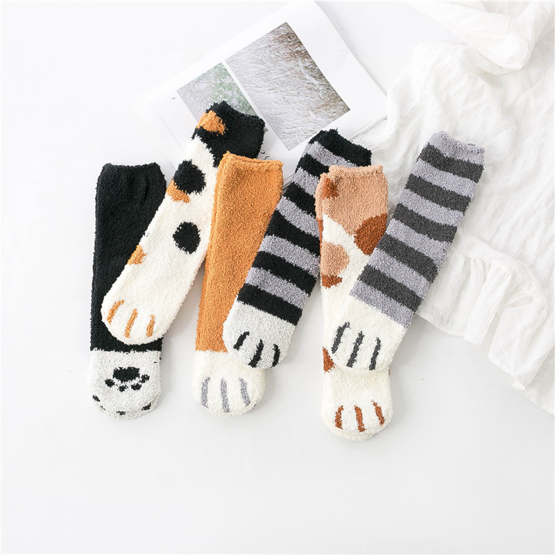 Autumn and winter plus velvet padded warm women's socks cartoon cute cat's claw coral fleece sleep socks home floor socks