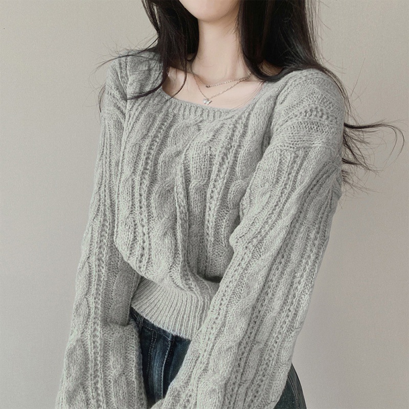 Picture of Korean style retro twist square collar pullover long sleeve sweater women's autumn and winter New loose short lazy style knitted top