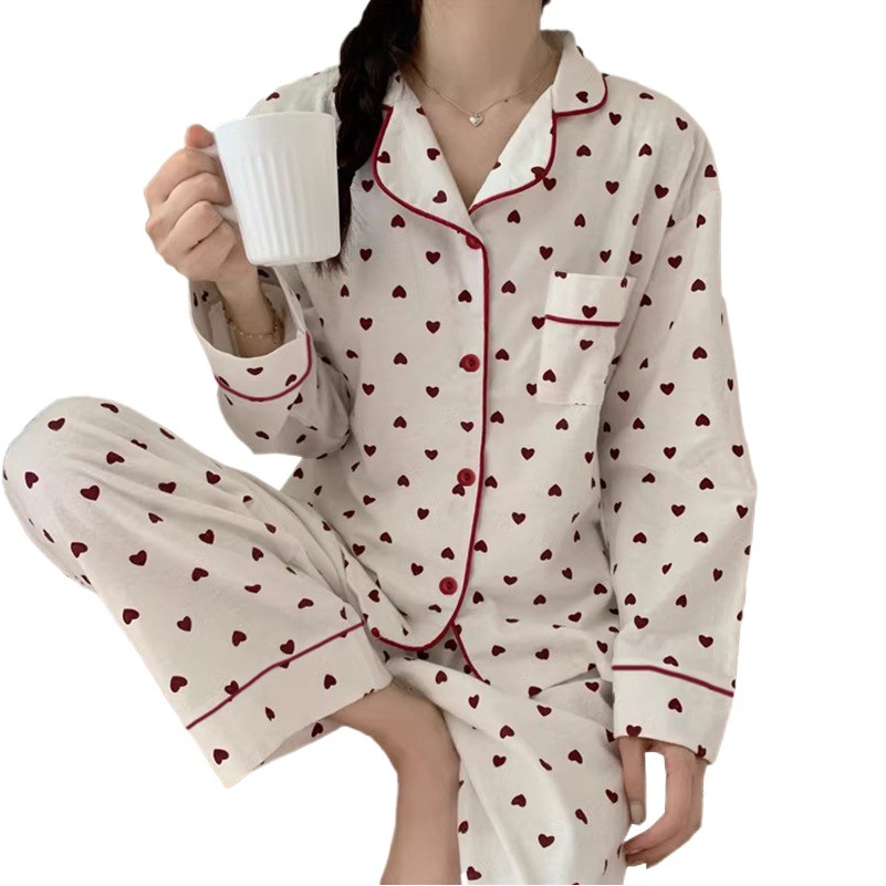 2024 South Korea ins sweet white bottom lovely lapel pocket outerwear pajamas women's autumn and winter long sleeve homewear set
