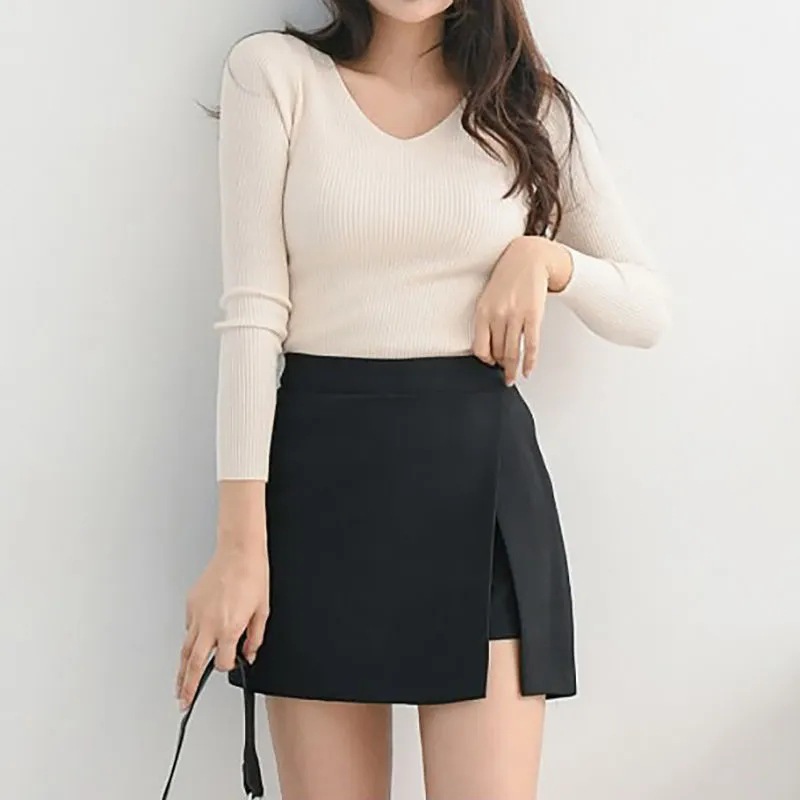 New anti-exposure A- line skirt high waist slimming split sheath khaki small fat m one-step dress
