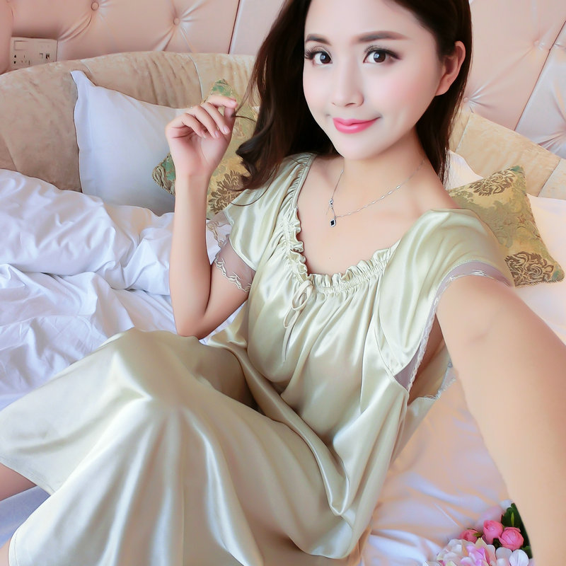 Factory spot summer plus fat sexy ladies Ice Silk long nightgown short sleeve middle-aged ladies home nightgown