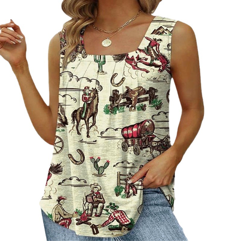 European Station Cross-border Amazon Summer Digital Printing Casual Trendy Women's Loose Sleeveless T-shirt
