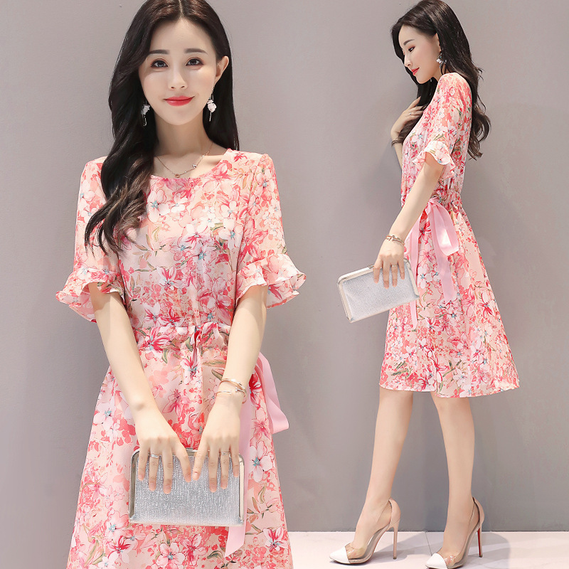 dress Women's Summer 2024 Korean Printed Mid-length Slim-fit Horn Short-sleeved Floral A- line Dress Pink Orange