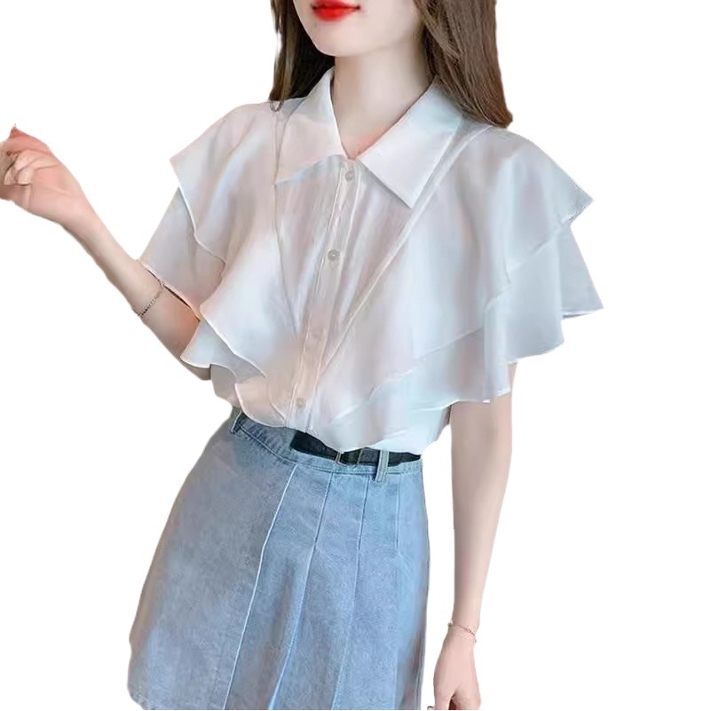 2024 New Stylish Elegant White Short-sleeved Chiffon Shirt Women's Summer Ruffled Top Fashion Stylish Women