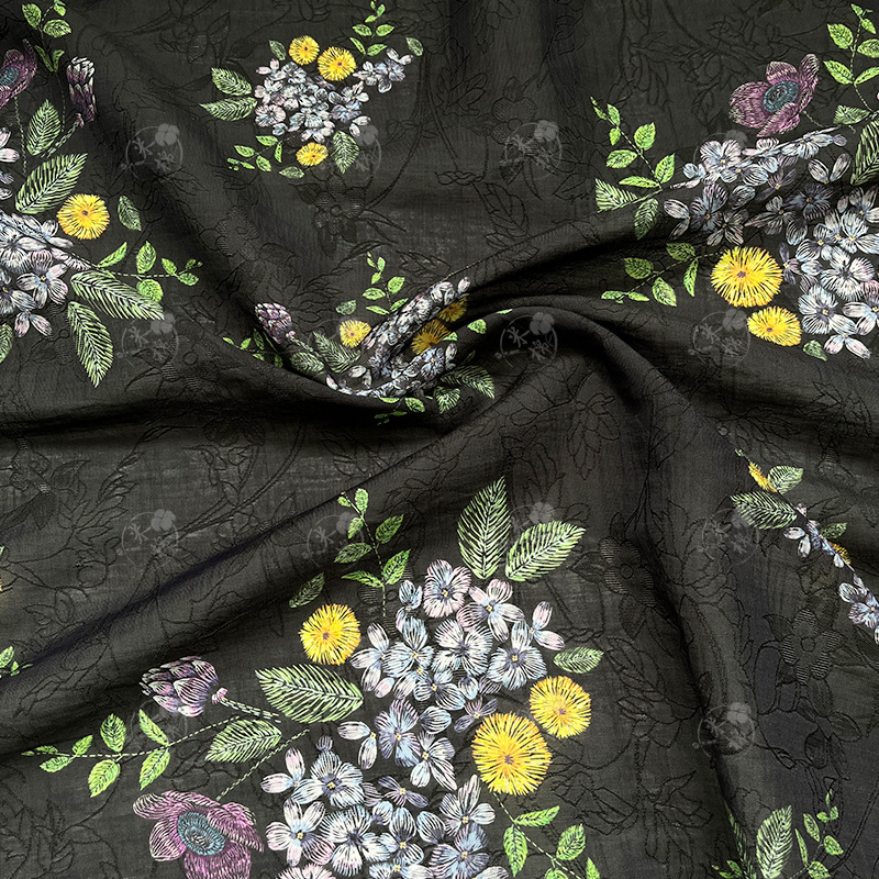 Ink satin flower cluster New Chinese style Hanfu cheongsam dress fabric handmade DIY fabric Tencel jacquard fabric
