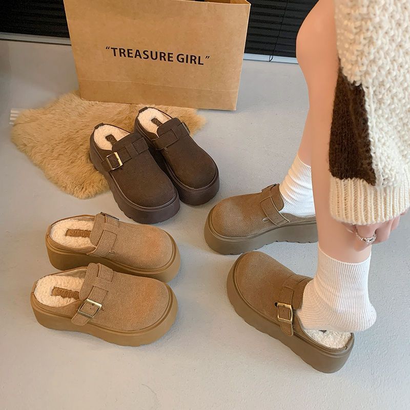 Fashion Half Slippers Women's 2024 New Winter Half Slippers fleece-lined Thick Bottom Baotou Bucken Warm Outwear Mao Mao Shoes