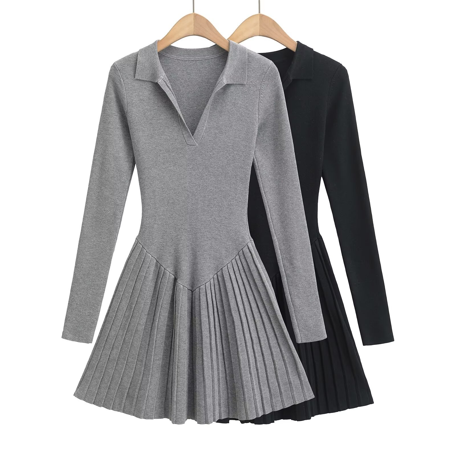 2025 Early Spring New Polo Neck Slim-fit Slimming Long-sleeved Pleated Knitted dress Fashionable All-match Base Skirt