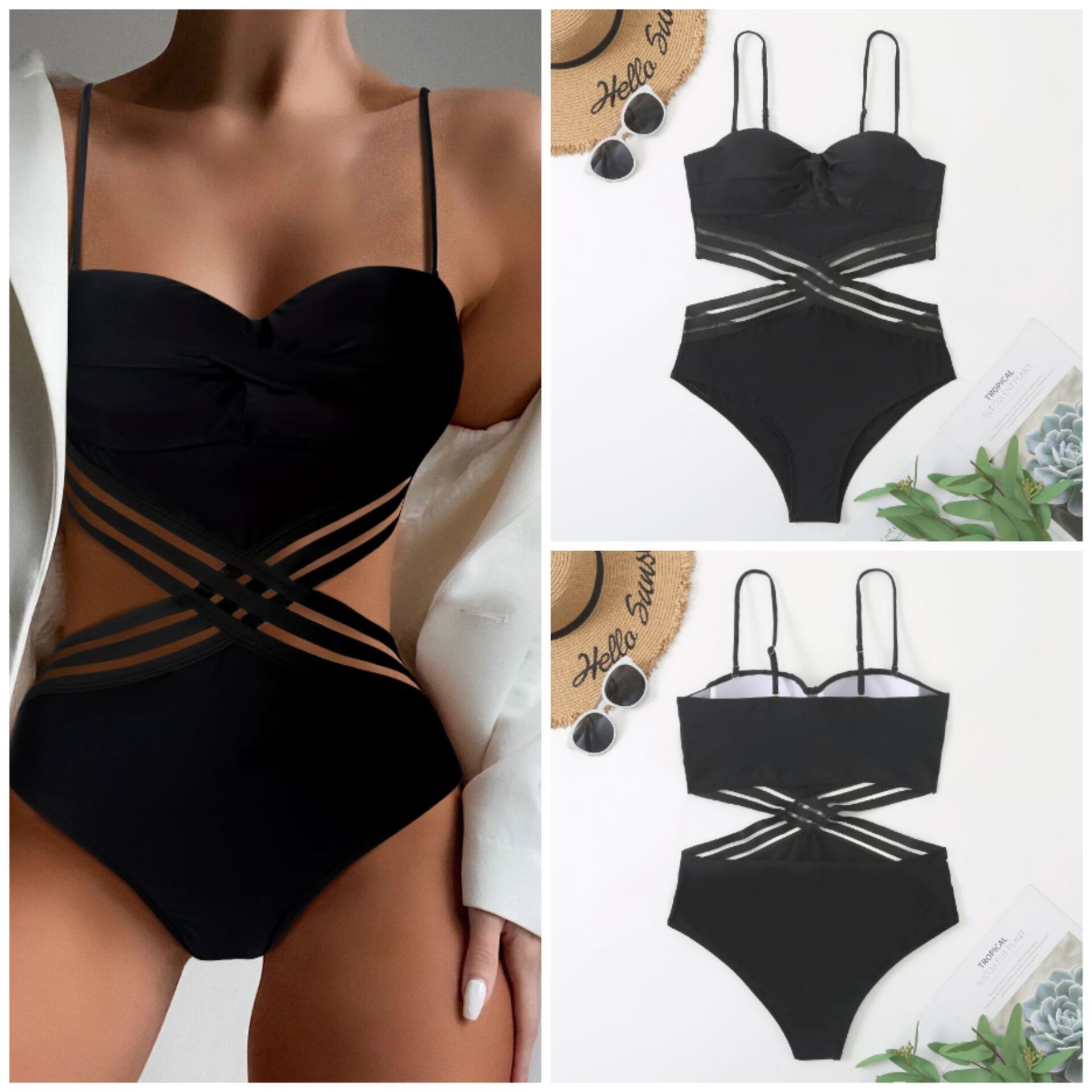 2025 Cross-Border New Pure Lust Sexy One-Piece Swimsuit Hard Bag Showing Breasts Cross Strap Bikini Hot Spring Swimsuit