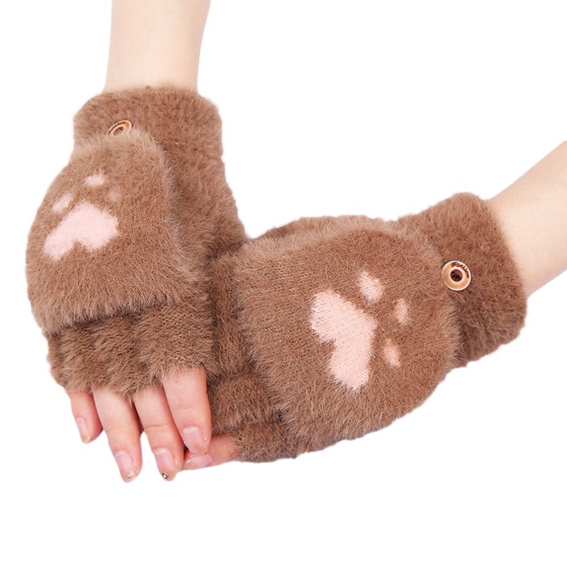 Korean-Style Warm Gloves with Cute Cat Paw and Bear Paw Design, Half-Finger Flip-Top Knit, Fleece-Lined and Thickened for Adults, Winter Flip-Top Design