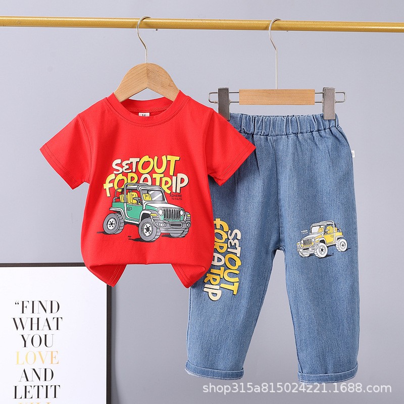 Picture of Summer 2024 new 0-5 years old children's suit cartoon car animal crew neck short sleeve jeans two piece cotton