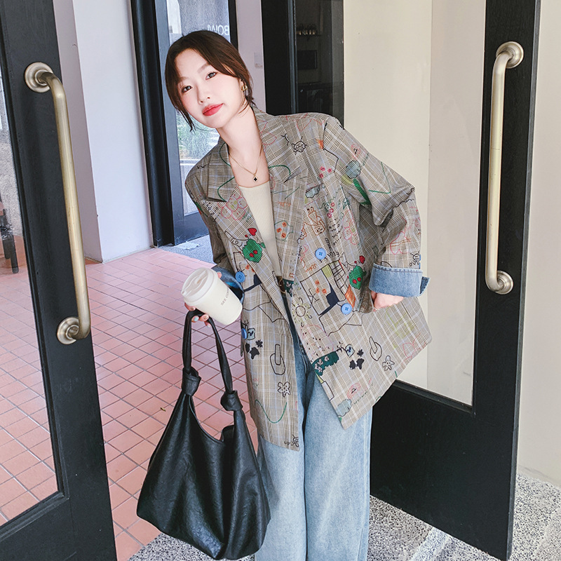 Picture of Gray Plaid Blazer for Women Spring & Fall 2025 New Design Street Loose Casual Graffiti Printed Suit