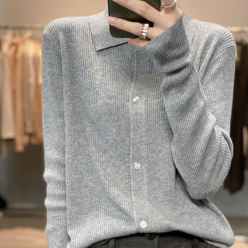 25 autumn new imitation wool lapels draw strips long sleeve knitted cardigan top solid color versatile base shirt women