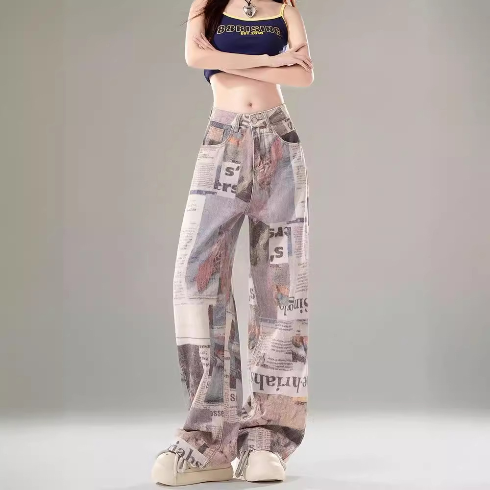 American Retro High Waist Slim Look Sniffing Contrast Color Newspaper Printed Jeans Women's High Waist Wide Leg Straight Pants