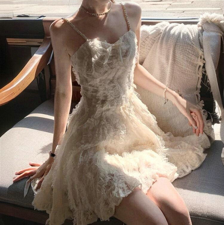 Picture of 2025 Summer New Style Temperament High-end Sense Diamond Chain Feather Sling dress Women's Waisted Slimming Travel Skirt