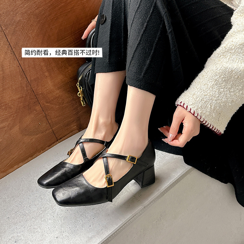 Cowhide 20245 Spring New Vintage Square Thick High Heels Women's Shallow Mouth Cross One-Shoulder Brown Shoes