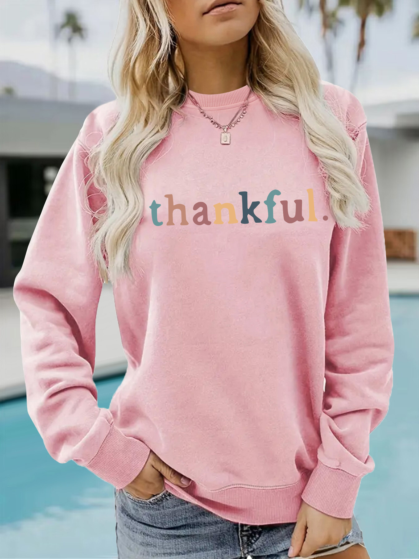Picture of Europe and the United States cross-border autumn and winter women's casual long sleeve round neck thankfol printed pullover sweatshirt sweater wholesale