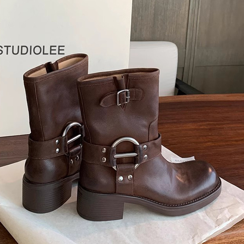Picture of Grape Mom Punk Sweetheart ~ Metal Buckle Round Toe Retro Genuine Leather Motorcycle Thick Heel Western Short Boots 2025 New Style