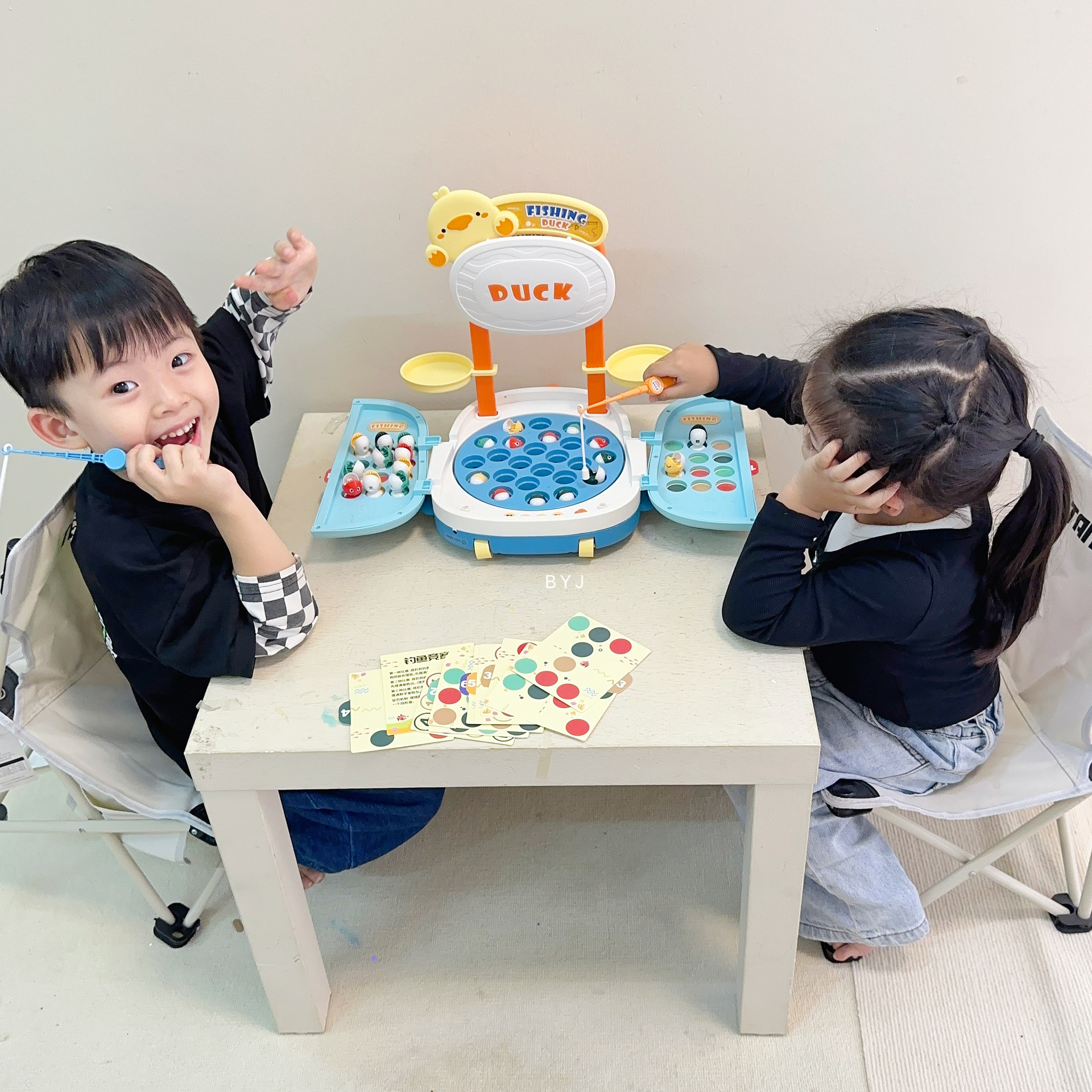 Picture of Children's early education multifunctional trolley case cute duck fishing table electric educational music rotating magnetic fishing rod toy batch