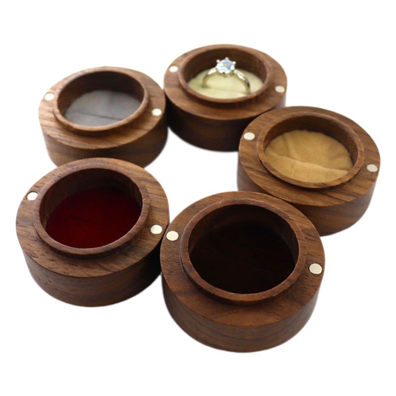 Picture of Jewelry Box Creative Solid Wooden Ring Box Jewelry Storage Box Round Fashion Wooden Black Walnut Gift Box
