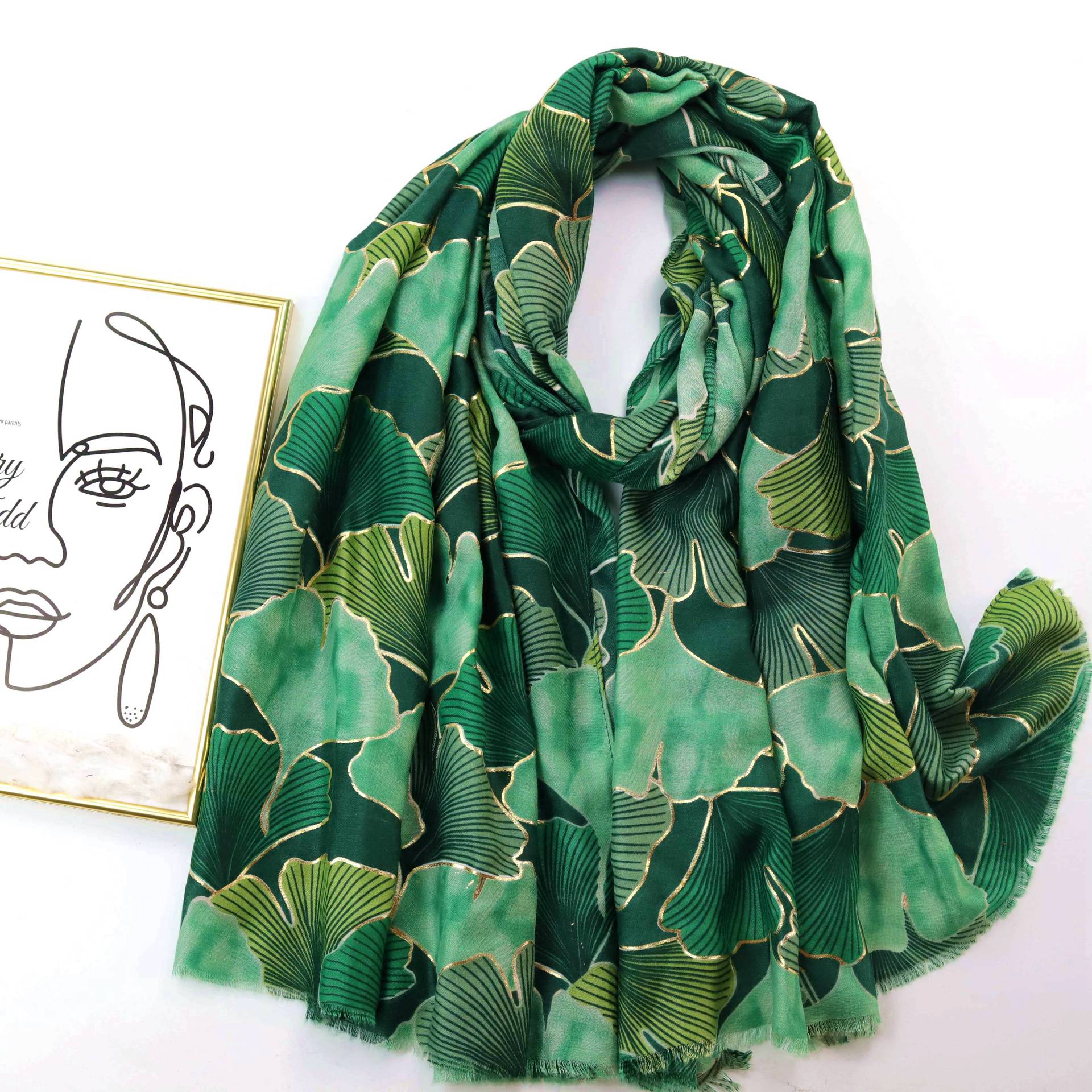 Picture of Factory Sold Cross-border Foreign Trade Bronzing Color Ginkgo Printed Long Scarf Satin Cotton Women's Autumn and Winter Scarf Warm Sunscreen Shawl